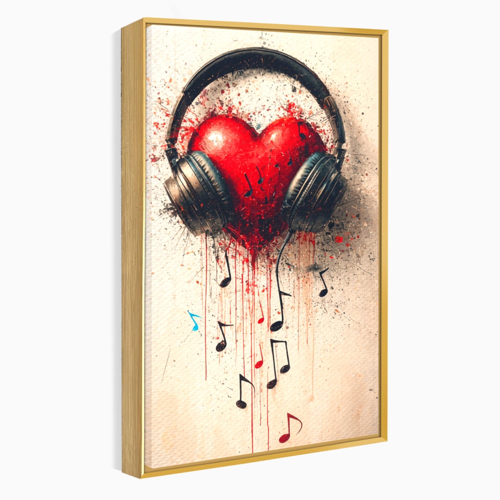 Tablou canvas cu tablou canvas cu inima rosie si casti audio, in rama de aluminiu auriu